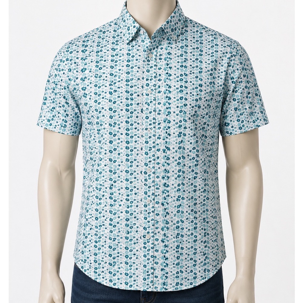 DKNY Mens Short Sleeve Button Down Shirt Teal Blue Floral Print Cotton Blend L
